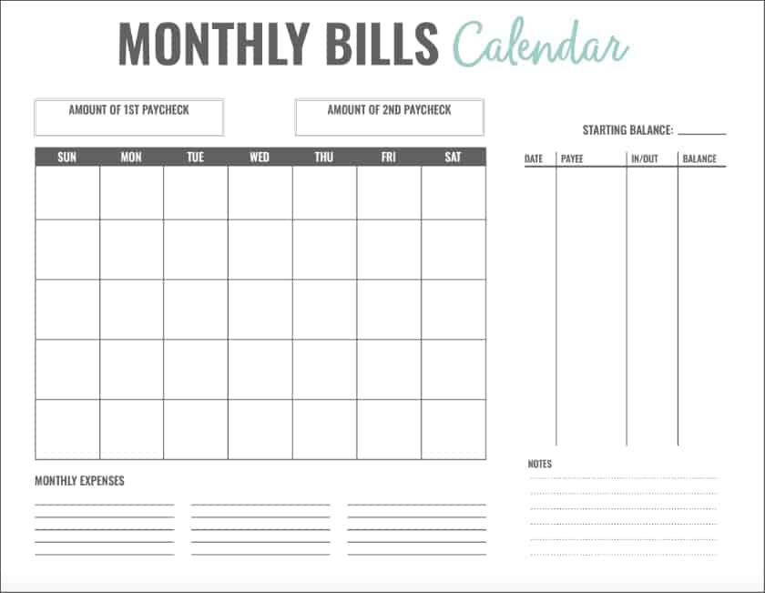 Monthly bills calendar printout includes an un-dated calendar grid, monthly expenses section, spending log, and room for notes.