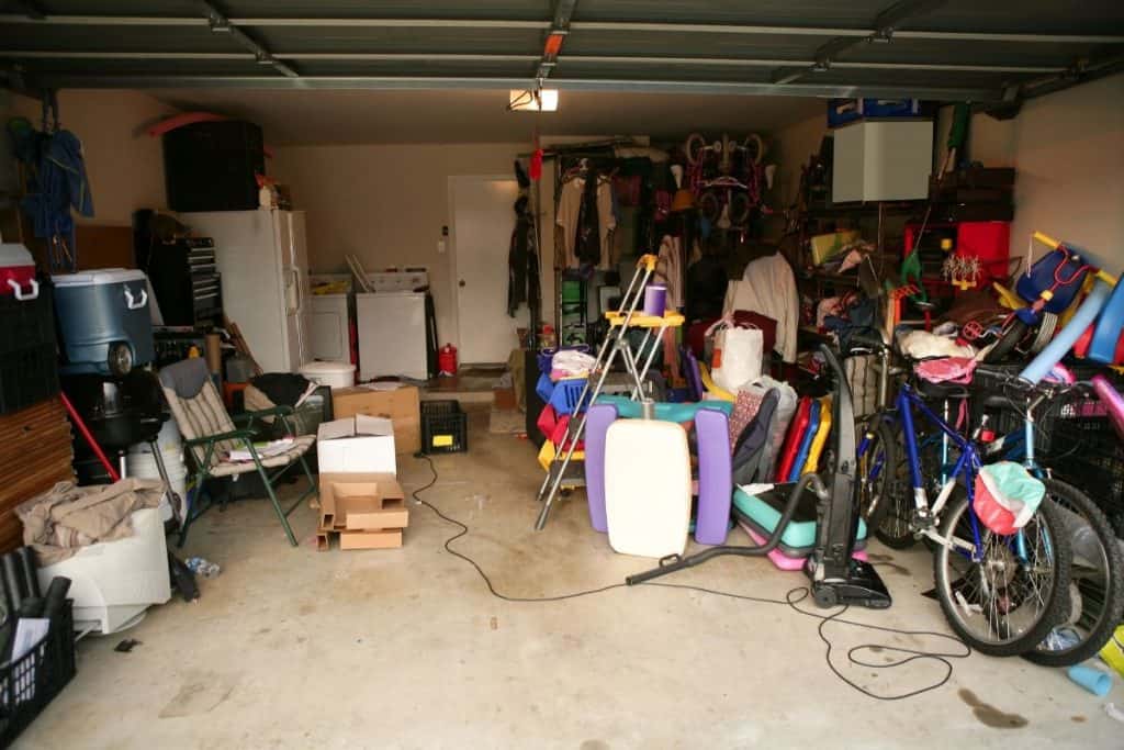 Messy garage filled with clutter to sell