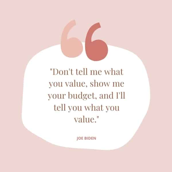 Image of budgeting quote saying: "Don't tell me what you value, show me your budget, and I'll tell you what you value." - Joe Biden